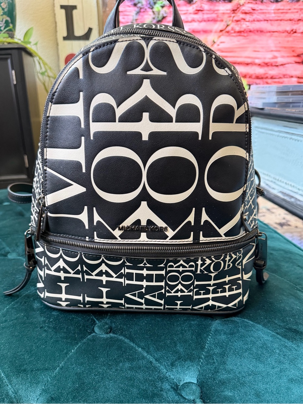 Michael Kors Black and White Logo Print Backpack